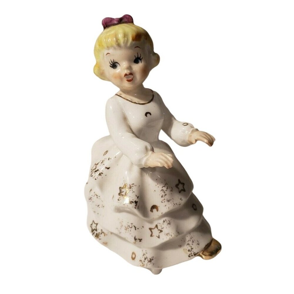 Vintage Orion Young Girl Figurine Singing Playing Piano Blonde Stars Dress